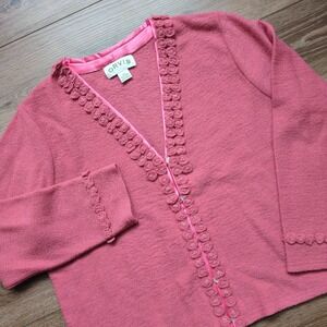 Vtg Orvis Wool V-Neck Cardigan Sweater - Pink w/ 3D Rosette Flowers - Size XL